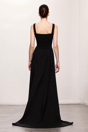 Black Sheath Ruched Straps Long Evening Dress